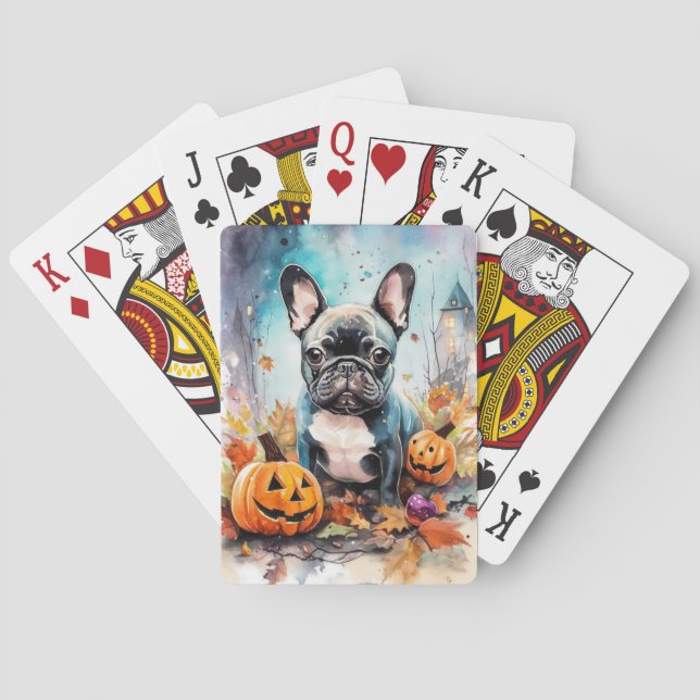Halloween French Bulldog With Pumpkins Scary Poker Cards (Back)