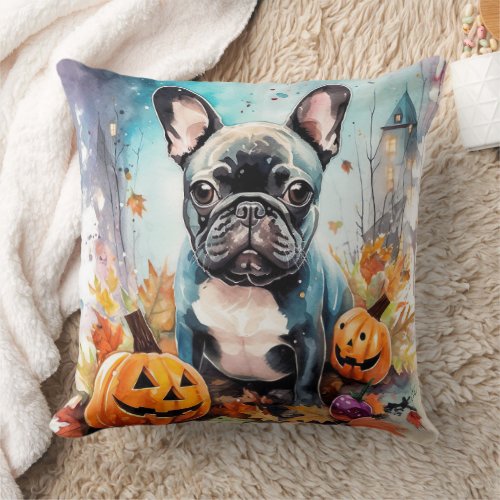 Halloween French Bulldog With Pumpkins Scary Throw Pillow