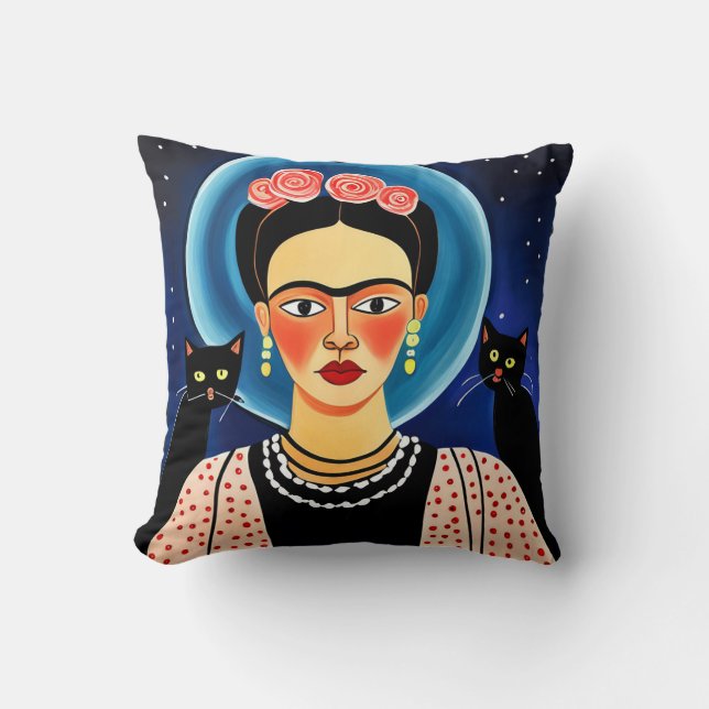 Halloween Frida and Black Cats Throw Pillow (Front)