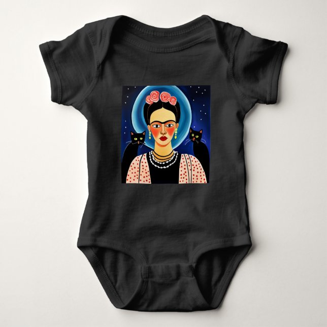 Halloween Frida artist and Black Cats Baby Bodysuit (Front)