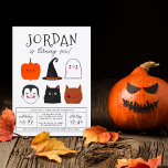 Halloween Friends Cute Modern Boy Birthday Party Invitation<br><div class="desc">This modern design features the birthday boy's name in big capital letters in one of my favorite decorative fonts, below, his age appears in cute script typography. Underneath, in the middle of the card, there are 6 Halloween friends: a pumpkin, a vampire, a witch's hat, a black cat, a ghost,...</div>