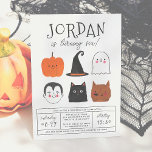 Halloween Friends Cute Modern Boy Birthday Party Invitation<br><div class="desc">This modern design features the birthday boy's name in big capital letters in one of my favorite decorative fonts, below, his age appears in cute script typography. Underneath, in the middle of the card, there are 6 Halloween friends: a pumpkin, a vampire, a witch's hat, a black cat, a ghost,...</div>