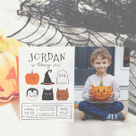 Halloween Friends Cute Modern Boy Birthday Photo Invitation<br><div class="desc">This modern design features the birthday boy's name in big capital letters in one of my favorite decorative fonts, below, his age appears in cute script typography. Underneath, in the middle of the card, there are 6 Halloween friends: a pumpkin, a vampire, a witch's hat, a black cat, a ghost,...</div>