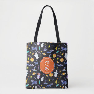 Halloween Friends Pattern Monogram Tote Bag
