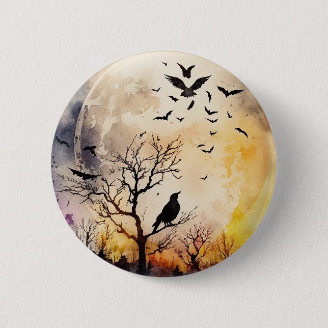 Halloween full moon bats raven scary night spooky  button (Front)