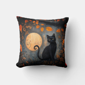 Halloween Full Moon Black Cat Ornate Autumn Throw Pillow