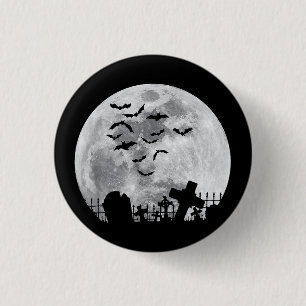 Halloween Full Moon Cemetery Graveyard Spooky Bats Button