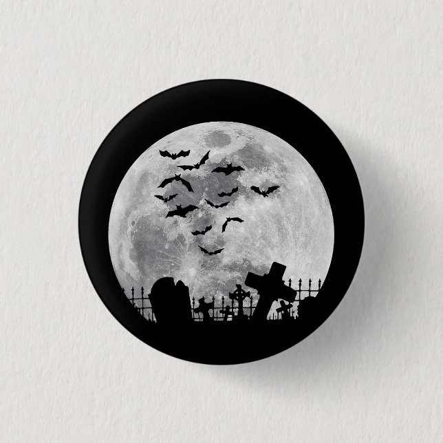 Halloween Full Moon Cemetery Graveyard Spooky Bats Button (Front)