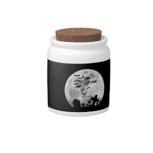 Halloween Full Moon Cemetery Graveyard Spooky Bats Candy Jar