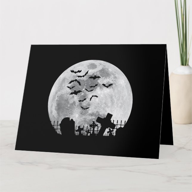 Halloween Full Moon Cemetery Graveyard Spooky Bats Card (Front)
