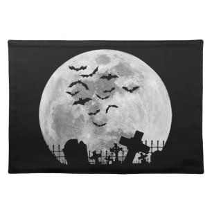 Halloween Full Moon Cemetery Graveyard Spooky Bats Cloth Placemat