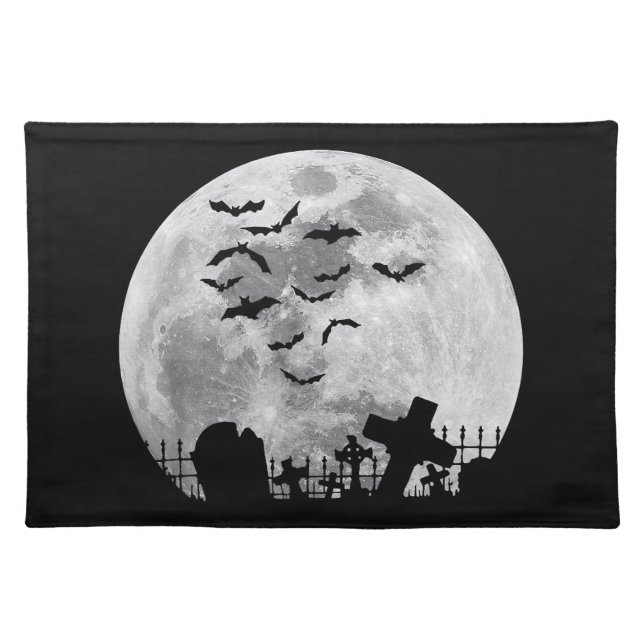 Halloween Full Moon Cemetery Graveyard Spooky Bats Cloth Placemat (Front)
