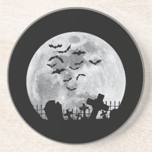 Halloween Full Moon Cemetery Graveyard Spooky Bats Coaster
