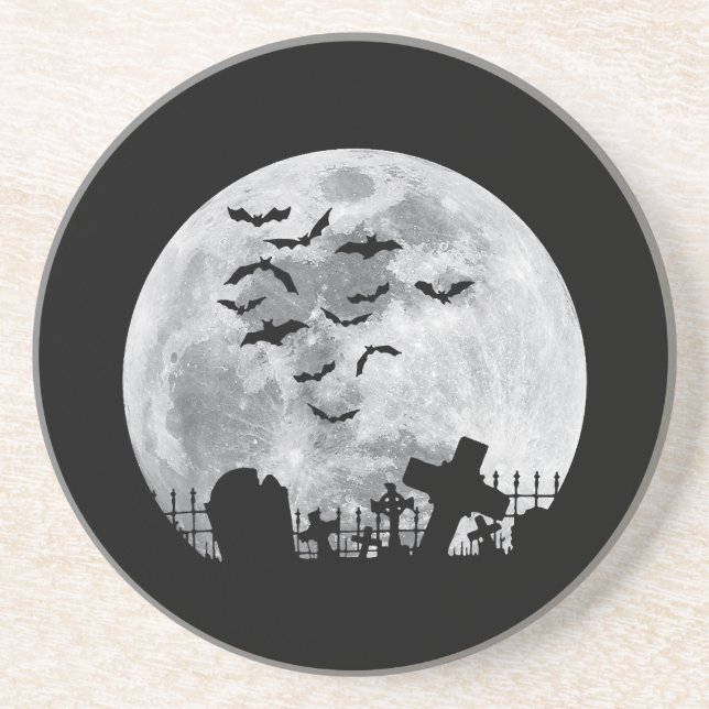 Halloween Full Moon Cemetery Graveyard Spooky Bats Coaster (Front)