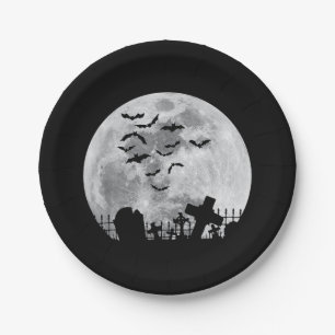 Halloween Full Moon Cemetery Graveyard Spooky Bats Paper Plates