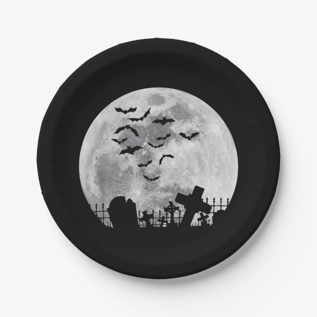 Halloween Full Moon Cemetery Graveyard Spooky Bats Paper Plates (Front)