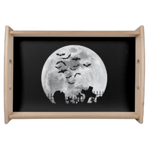 Halloween Full Moon Cemetery Graveyard Spooky Bats Serving Tray