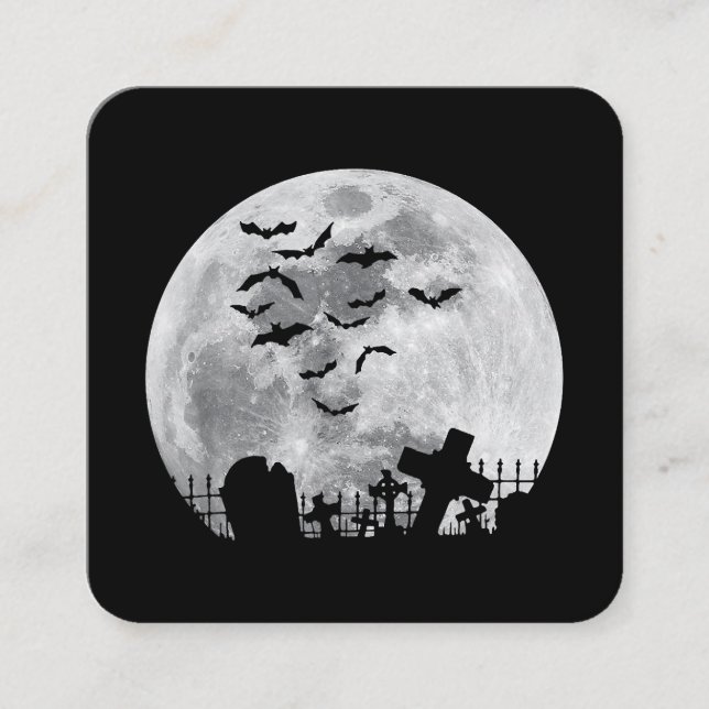 Halloween Full Moon Cemetery Graveyard Spooky Bats Square Business Card (Front)
