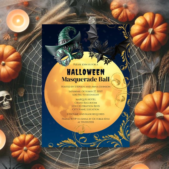 Halloween Full Moon Masquerade Ball Invitation (Halloween masquerade ball invitation with blue bokeh background and full moon.  Front of invite.)