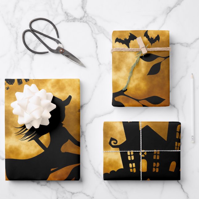 Halloween Full Moon Witch Spooky House  Wrapping Paper Sheets (Front)