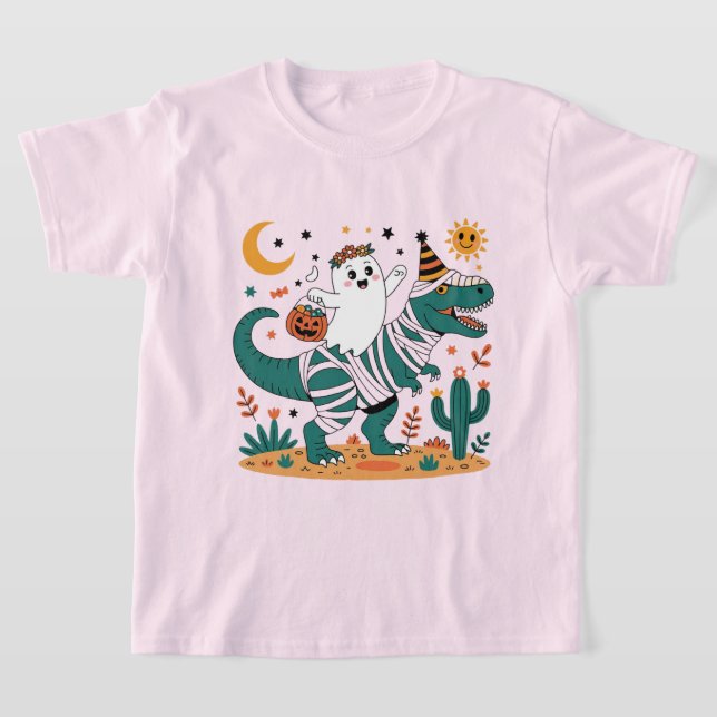 Halloween Fun! Ghost on Wrapped T-Rex with Candy  T-Shirt (Laydown)