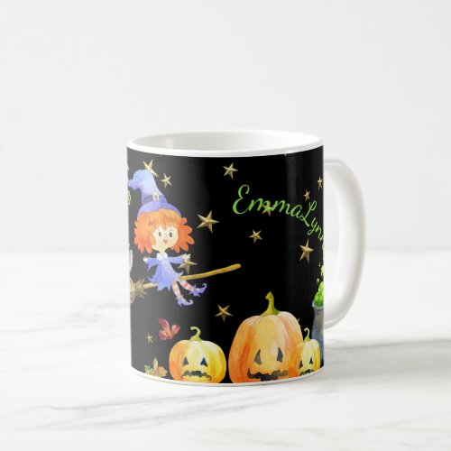 Halloween Fun Purple Witch Flying Broom Green Name Coffee Mug