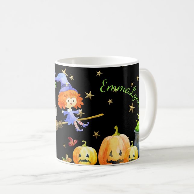 Halloween Fun Purple Witch Flying Broom Green Name Coffee Mug (Front Right)