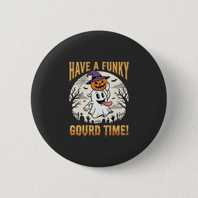 Halloween Funky Gourd Time Ghost Pumpkin Button (Front)