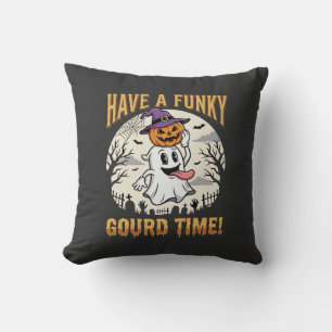 Halloween Funky Gourd Time Ghost Pumpkin Throw Pillow