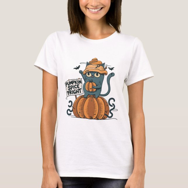 Halloween funny cat saying "pumpkin spice fright" T-Shirt (Front)