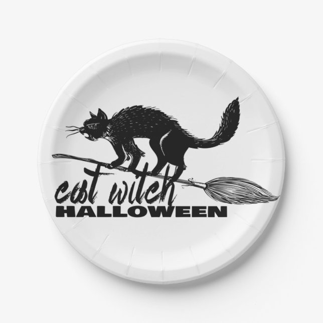 Halloween Funny Cat Witch On  Broomstick Paper Plates (Front)