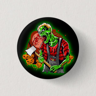 Halloween Funny Green Zombie Ax on Button