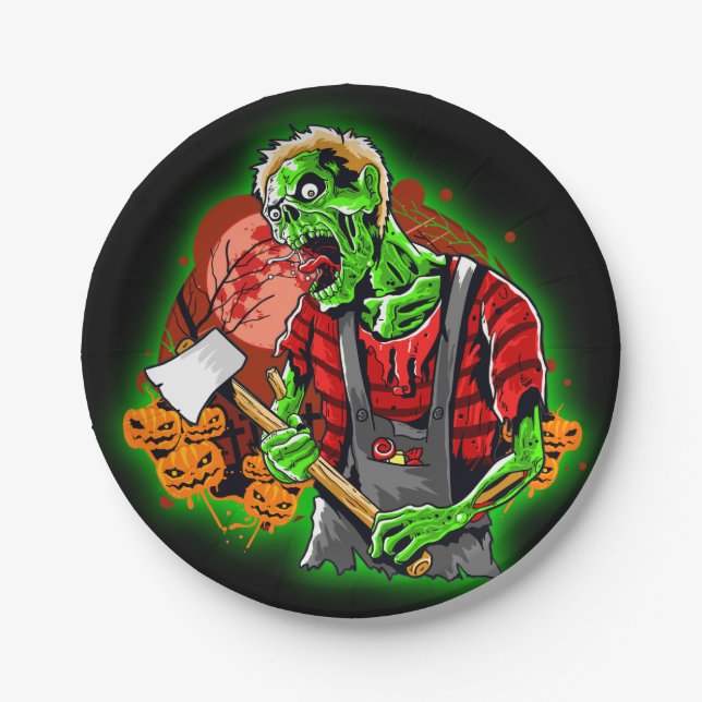Halloween Funny Green Zombie Axe on Keychain Paper Plates (Front)
