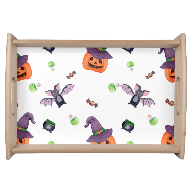 Halloween Funny Pumpkin Witch And Bat Pattern Serving Tray (Front)