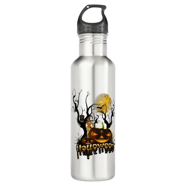 Halloween funny pumpkin with owl stainless steel water bottle (Front)