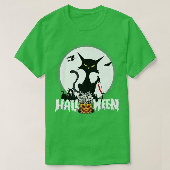 Halloween Funny Scary Cat Pumpkin Moon Night  T-Shirt (Design Front)