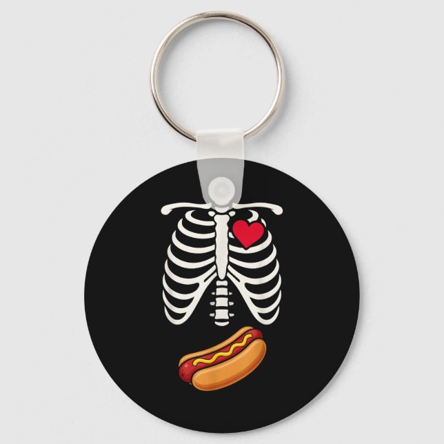 Halloween Funny Skeleton Ribcage Hotdog Food Lover Keychain (Front)