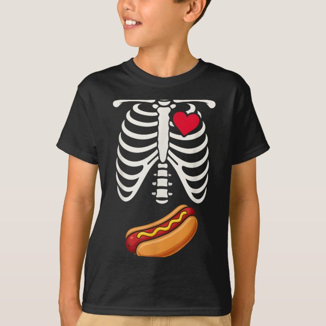 Halloween Funny Skeleton Ribcage Hotdog Food Lover T-Shirt (Front)