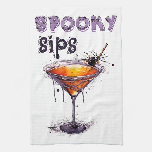 Halloween Funny Spooky Sips Cocktail Drinks Kitchen Towel