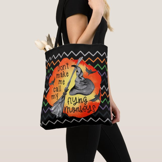 Halloween Funny Witch Flying Monkeys Chevron Tote Bag (Close Up)