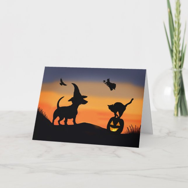 Halloween Funny with Dachshund Dog Witch Cat Raven Card (Front)