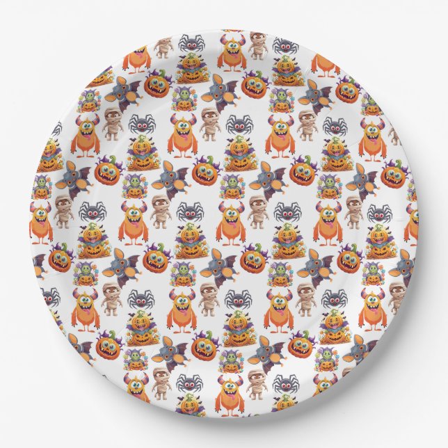 Halloween Gathering Of Silly Creatures Paper Plates (Front)
