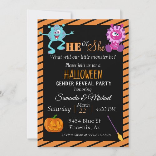 Halloween Gender Baby Reveal Party Monster Orange Invitation