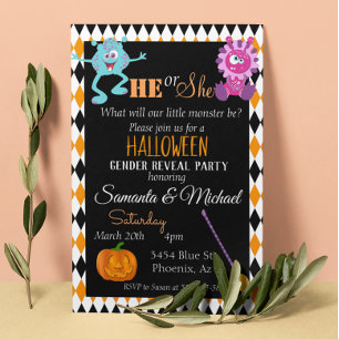 Halloween Gender Baby Reveal Party Monster Orange Invitation