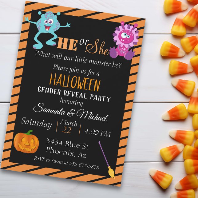 Halloween Gender Baby Reveal Party Monster Orange Invitation (Creator Uploaded)
