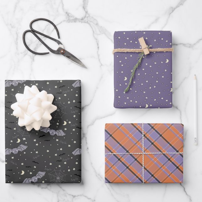 Halloween Gender Neutral Purple and Black Bats Wrapping Paper Sheets (Front)