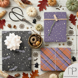 Halloween Gender Neutral Purple and Black Bats Wrapping Paper Sheets