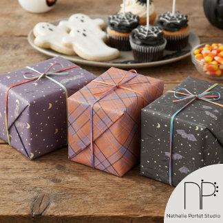 Halloween Gender Neutral Purple and Black Bats Wrapping Paper Sheets