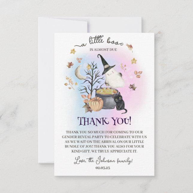 Halloween Gender Reveal a little boo is almost due Thank You Card (Front)