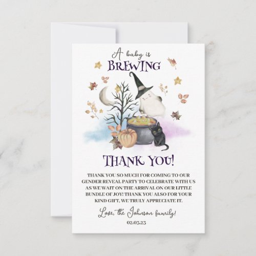 Halloween Gender Reveal Baby is Brewing Thank You Card